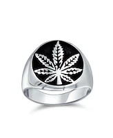 Bling Jewelry Flat Round Signet Ring Cannabis Leaf Medallion Oxidized .925 Sterling Silver