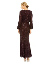 Mac Duggal Women's High Neck Long Sleeve Beaded Blouson Gown