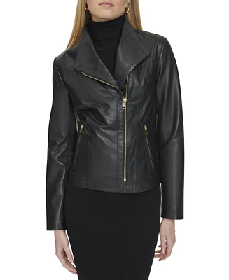 Cole Haan Women's 20 1/2” Moulded Collar Asymmetric Leather Jacket