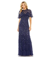 Mac Duggal Women's Embellished Illusion Cape Sleeve Trumpet Gown