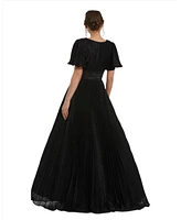 Mac Duggal Women's Pleated Shimmering Georgette Flutter Sleeve Gown