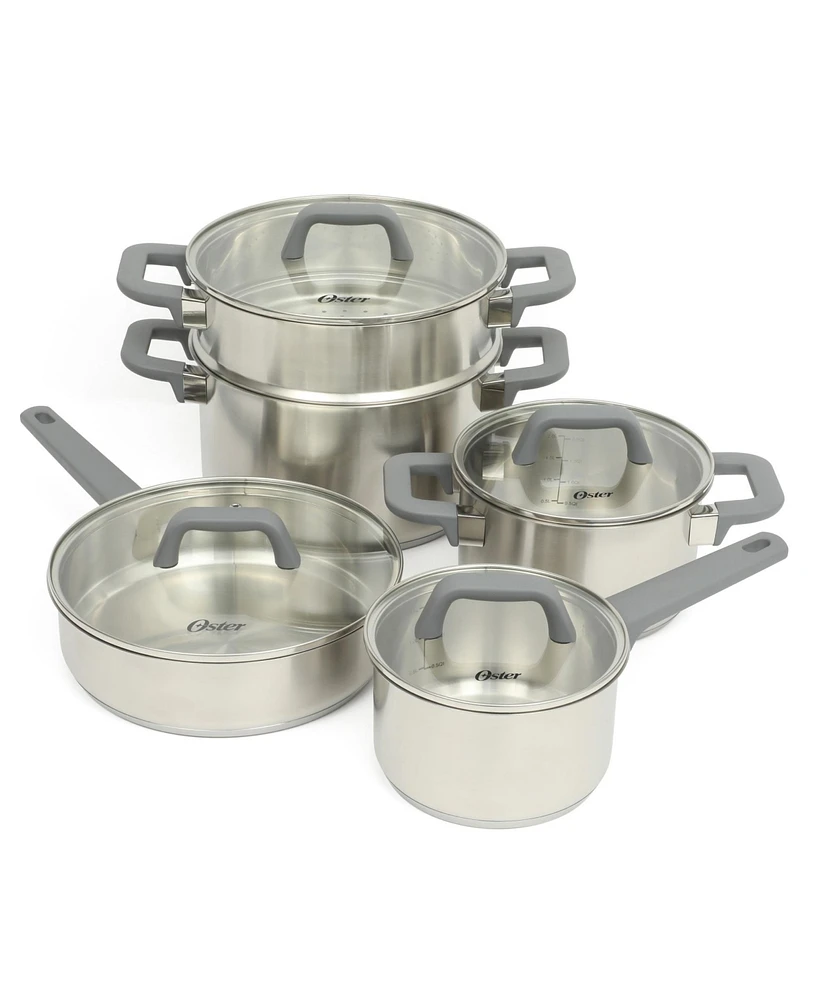 Oster Beauford 9 Piece Stainless Steel Non-Toxic PCookware Set W/ Tri-Ply Encapsulated Bottom & Soft Touch Handles