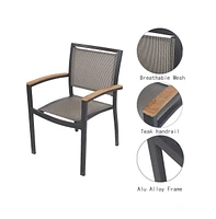 Slickblue Outdoor Patio Dining Chairs with Teak Armrests Aluminum Frame and Textilene Mesh Fabric