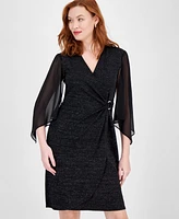 Connected Women's Glitter-Knit Flare-Sleeve O-Ring Dress