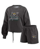 Wear by Erin Andrews Women's Black Jacksonville Jaguars Washed Fleece Long Sleeve T-Shirt Shorts Lounge Set