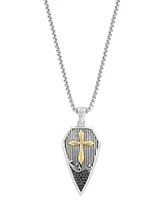 Effy Men's Black Zircon (1/8 ct. t.w.) Cross Shield 22" Pendant Necklace in Sterling Silver & 18k Yellow Gold Over Sterling Silver