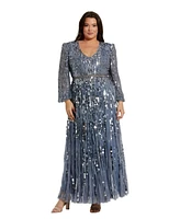 Mac Duggal Plus Long Sleeve Beaded Crystal Deep V Neckline Gown