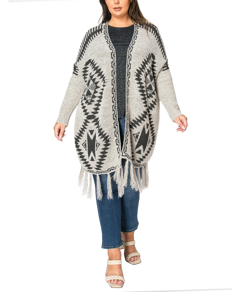 Coin 1804 Plus Tribal Cardigan Sweater with Fringe