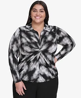 Dkny Plus Printed Collared Twist-Front Top