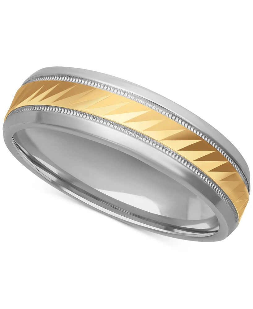 Men's Diagonally-Engraved Milgrain Detail Wedding Band Sterling Silver & 18k Gold-Plated