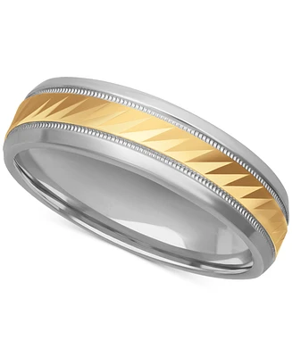 Men's Diagonally-Engraved Milgrain Detail Wedding Band Sterling Silver & 18k Gold-Plated