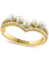 Effy Cultured Freshwater Pearl (3mm) & Diamond (1/5 ct. t.w.) Double Row Chevron Ring in 14k Gold