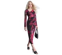 Dkny Women's Asymmetric Ruched Printed-Mesh Dress