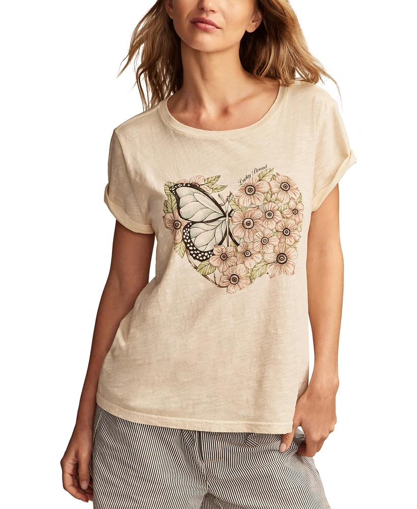 Lucky Brand Women's Cotton Butterfly Heart Crewneck Tee