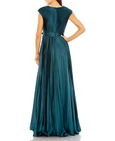 Mac Duggal Women's Pleated Plunge Neck Belted A Line Gown