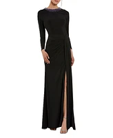 Mac Duggal Women's Long Sleeve Jersey Ruched Gown With Beaded Neck