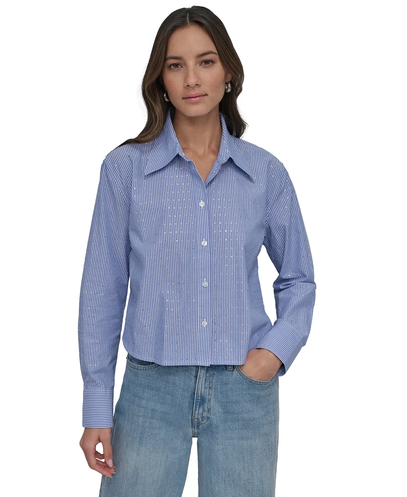 Dkny Jeans Women's Striped Poplin Studded Rhinestone Cotton Long-Sleeve Button-Front Shirt - WYS