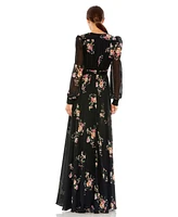 Mac Duggal Women's Belted Floral Print Illusion Long Sleeve Gown