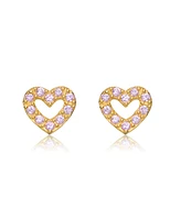 GiGiGirl Sterling Silver 14K Gold Plated with Pink Cubic Zirconia Pave Heart Stud Earrings