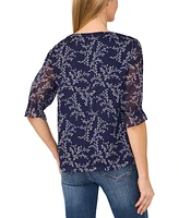 CeCe Women's Printed V-Neck Smocked-Cuff Blouse