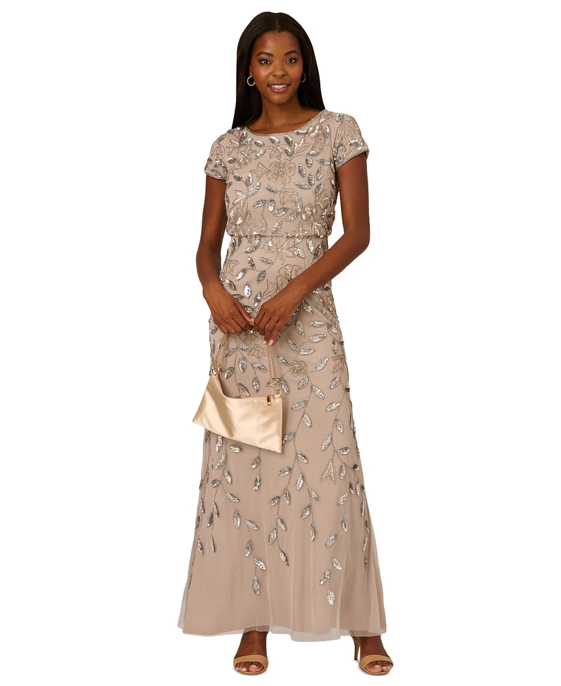 Adrianna Papell Women's Boat-Neck Blouson Beaded Gown