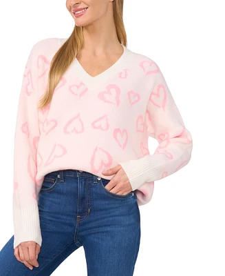 CeCe Women's Hearts Long-Sleeve V-Neck Sweater