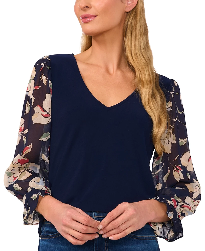 CeCe Women's V-Neck Mixed-Media Floral-Sleeve Top