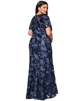 Betsy & Adam Plus Floral Sequin V-Neck Sheath Gown