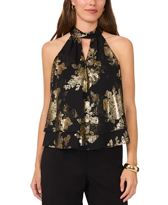 Msk Women's Mock-Neck Metallic Floral Sleeveless Top