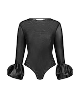 Mac Duggal Women's Mesh Long Sleeve Bodysuit With Satin Puff Sleeves