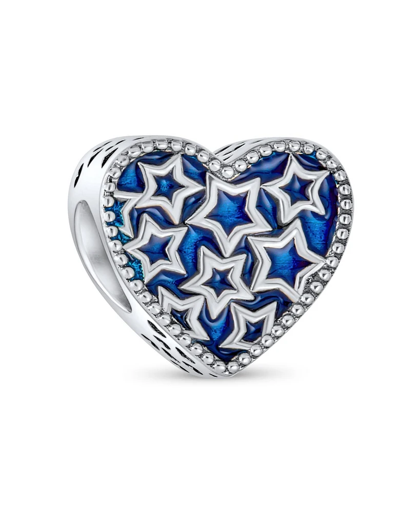 Bling Jewelry Patriotic Midnight Blue Stars Heart Charm Bead Sterling Silver for Bracelet