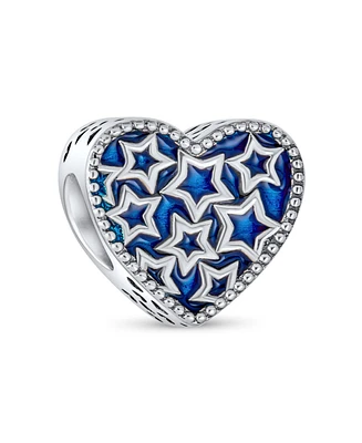 Bling Jewelry Patriotic Midnight Blue Stars Heart Charm Bead Sterling Silver for Bracelet