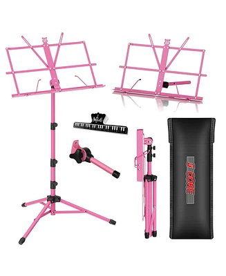 5 Core Music Stand For Sheet Music Portable Tripod Adjustable Folding Note Holder - Pink Higher Version