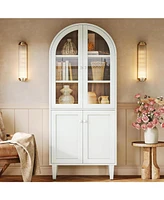 Tribesigns 68" Tall Arched Storage Cabinet, White 5-Tier Display Bookcase with Doors and Adjustable Shelves, Farmhouse Wooden Bookshelf, Kitchen Pantr
