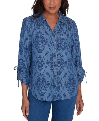 Alfred Dunner Petite Button Front Drawstring Sleeve Top