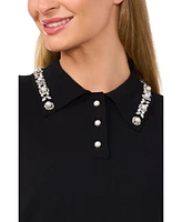 CeCe Women's Short Sleeve Polo Sweater with Embellished Collar