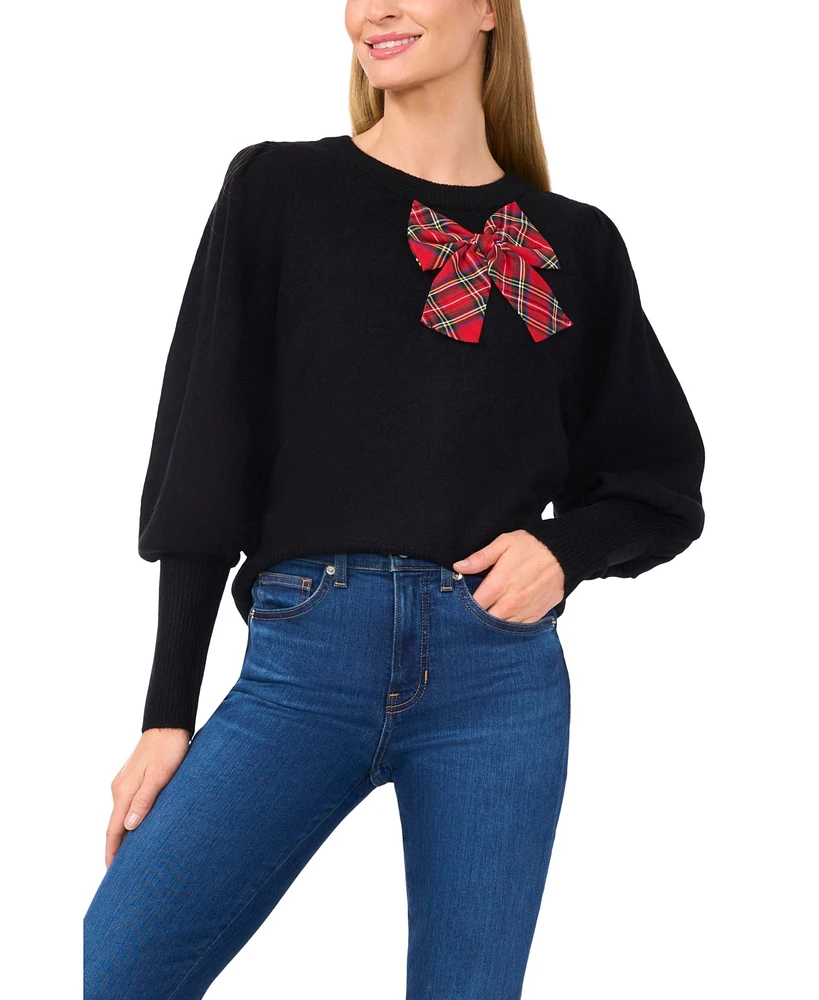 CeCe Women's Plaid Bow Crew Neck Sweater