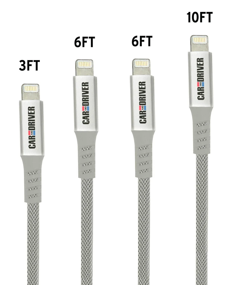 Car and Driver Apple Mfi Certified Premium Nylon Braided 4 Pack Cable