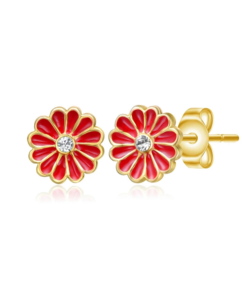 GiGiGirl Sterling Silver 14K Gold Plated Clear Cubic Zirconia & Red Enamel Flower Stud Earrings