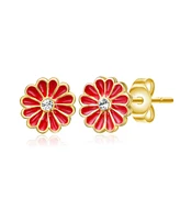 GiGiGirl Sterling Silver 14K Gold Plated Clear Cubic Zirconia & Red Enamel Flower Stud Earrings