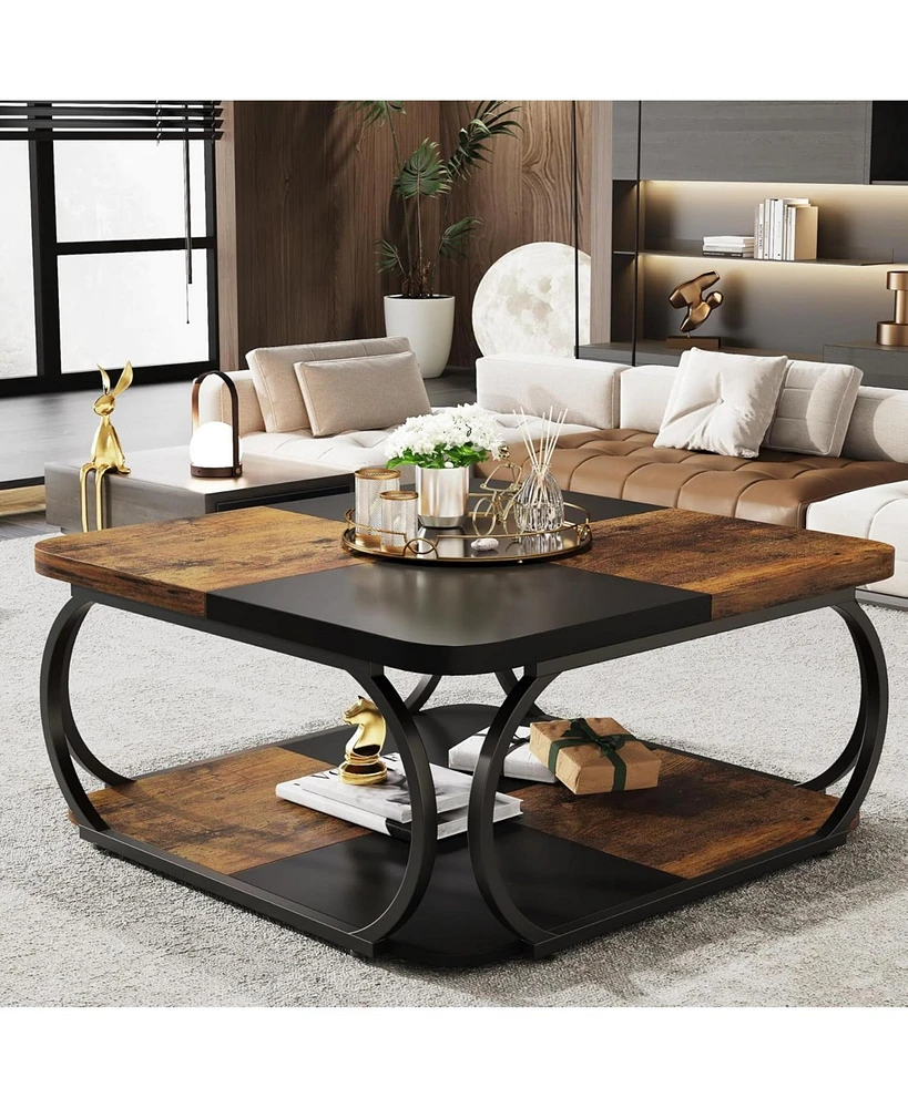 Tribesigns Coffee Table with Open Storage Shelf for Living Room, 39 Inch Large Wood Center Table Square Low Coffee Tables 2 Tier Farmhouse Tea Table w