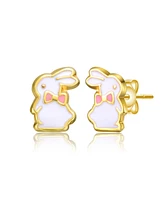 GiGiGirl Sterling Silver 14K Gold Plated White Enamel & Pink Bow Tie Bunny Rabbit Stud Earrings