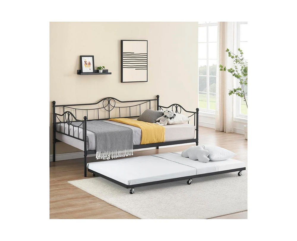 Twin Daybed with Trundle, Modern Pull Out Day Bed Frame with Vintage Headboard, Metal Daybed with Sturdy Slat Support,for Small Spaces, Kids Room, Liv
