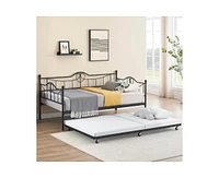 Twin Daybed with Trundle, Modern Pull Out Day Bed Frame with Vintage Headboard, Metal Daybed with Sturdy Slat Support,for Small Spaces, Kids Room, Liv