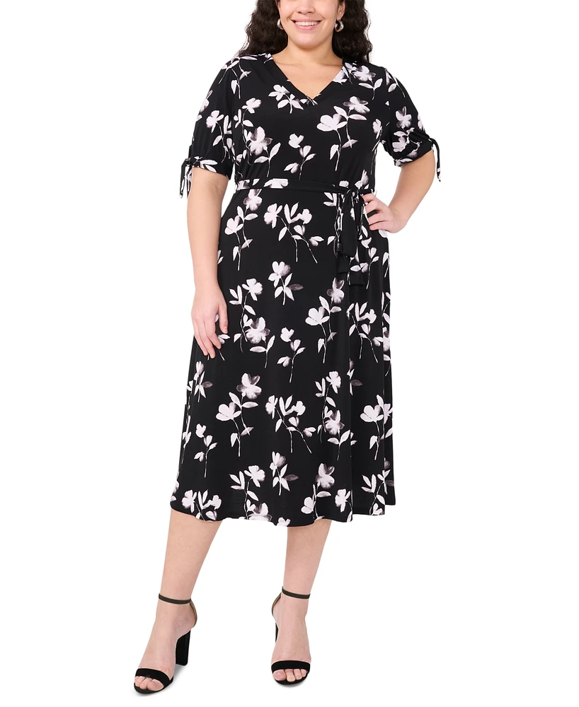 Msk Plus Printed V-Neck Tie-Waist Midi Dress