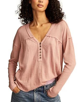 Lucky Brand Women's Mixed-Media V-Neck Long-Sleeve Top