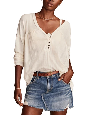 Lucky Brand Women's Mixed-Media V-Neck Long-Sleeve Top