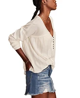 Lucky Brand Women's Mixed-Media V-Neck Long-Sleeve Top