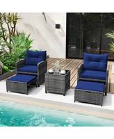 Gouun 5 Piece Patio Rattan Furniture with 2 Ottomans and Tempered Glass Table