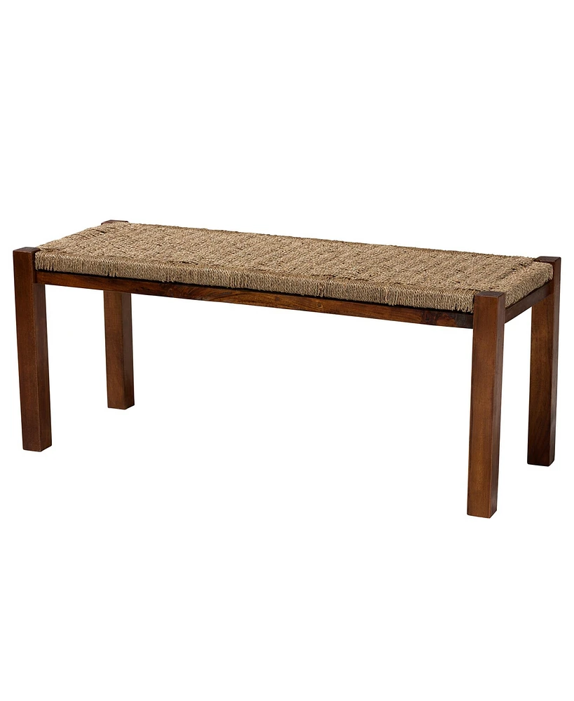 bali & pari Hermes Mid-Century Modern Transitional Natural Seagrass and Mahogany Wood Bench